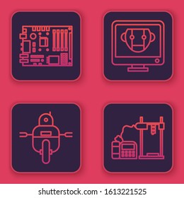 Set line Electronic computer components motherboard digital chip, Robot, Bot and 3D printer. Blue square button. Vector