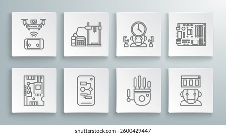 Set line Electronic computer components motherboard digital chip, 3D printer, Algorithm, Mechanical robot hand, Robot, time manager,  and Remote aerial drone icon. Vector