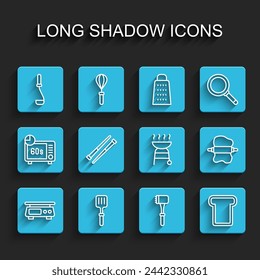 Set line Electronic scales, Barbecue spatula, Kitchen ladle, hammer, Bread toast, Food chopsticks, Rolling pin dough and grill icon. Vector