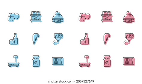 Línea Escala electrónica, Frasco de café, Etiqueta de precio para huevo, Código de barras, Barra de escaneo, Cámara de seguridad, Interior de vino y almacén con icono de cajas. Vector