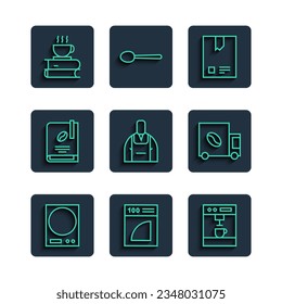 Set line Electronic scales, Coffee paper filter, machine, Bag coffee beans, Barista, book, cup and and street truck icon. Vector