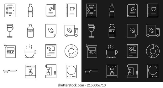 Set line Electronic scales, Donut with sweet glaze, Coffee street truck machine, book, Bottle milk, Irish coffee, menu and poster icon. Vector