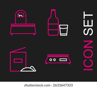 Set line Electronic scales, Flour pack, Glass bottle with milk and glass and Scales icon. Vector