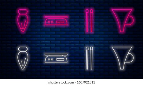 Set line Electronic scales, Food chopsticks, Pastry bag for decorate cakes and Funnel or filter. Glowing neon icon on brick wall. Vector
