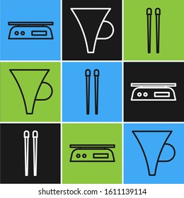 Set line Electronic scales, Food chopsticks and Funnel or filter icon. Vector