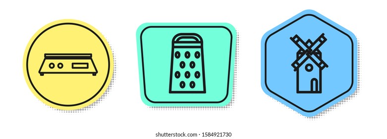 Set line Electronic scales , Grater  and Windmill . Colored shapes. Vector
