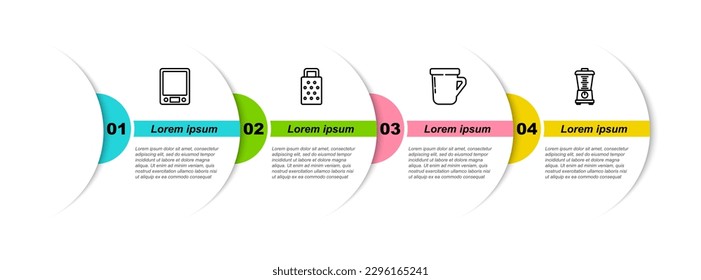 Línea Escalas electrónicas, Grater, Café y Blender. Plantilla de infografía empresarial. Vector