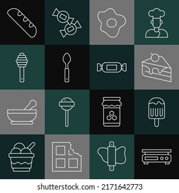 Set line Electronic scales, Ice cream, Piece of cake, Scrambled eggs, Spoon, Honey dipper stick, French baguette bread and Candy icon. Vector