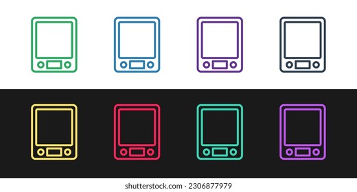 Set line Elektronische Skalen Symbol einzeln auf schwarz-weißem Hintergrund. Waage für die Gewichtsmessung.  Vektorgrafik
