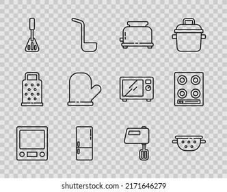 Set line Electronic scales, Kitchen colander, Toaster, Refrigerator, Spatula, Oven glove, Electric mixer and Gas stove icon. Vector