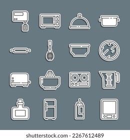 Set line Electronic scales, Measuring cup, Cutting board, Covered with tray, Kitchen whisk, Rolling pin, Electric mixer and Bowl icon. Vector
