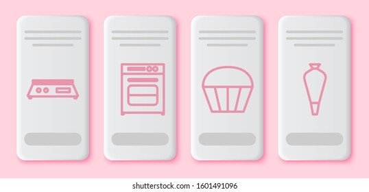 Set line Electronic scales , Oven , Muffin  and Pastry bag for decorate cakes. White rectangle button. Vector