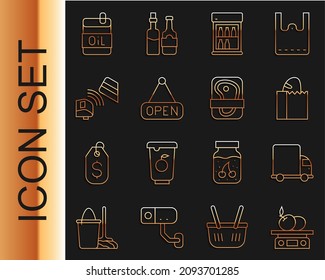 Set line Electronic scales for product, Paper bag with bread loaf, Commercial refrigerator, Hanging sign Open, POS terminal credit card, Bottle of olive oil and Meat packaging steak icon. Vector