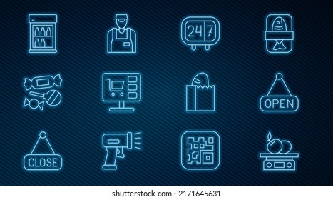 Set Line Electronic Scales For Product, Hanging Sign With Open, Clock 24 Hours, Shopping Cart Computer, Candy, Commercial Refrigerator, Paper Bag Bread Loaf And Seller Icon. Vector