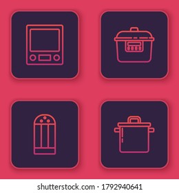 Set line Electronic scales, Salt, Slow cooker and Cooking pot. Blue square button. Vector