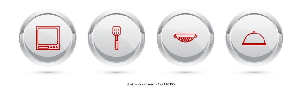 Set line Elektronische Waage, Spatel, Küchensieb und mit Tablett abgedeckt. Silberne Kreis-Taste. Vektor