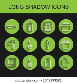 Set line Electronic scales, Spatula, Frying pan, Cutting board, Oven glove, Pizza knife, Cooking pot and Knife icon. Vector