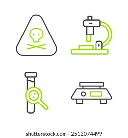 Fije las escalas Electrónicas de la línea, el tubo y el frasco de prueba, el microscopio y el icono tóxico de la advertencia del triángulo. Vector