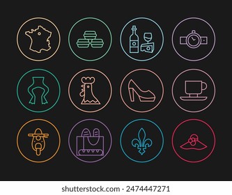 Set line Elegant women hat, Coffee cup, Wine bottle with cheese, French rooster, Frog legs, Map France, Woman shoe and Macaron cookie icon. Vector