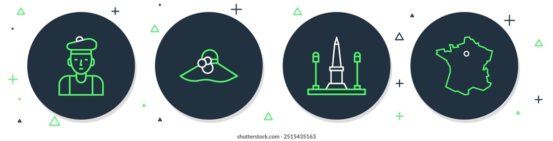 Set line Mulheres elegantes chapéu, Place De La Concorde, homem francês e mapa da França ícone. Vetor