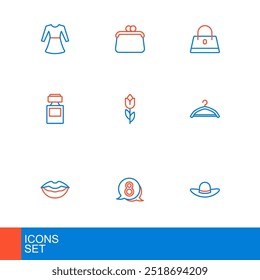 Set line Elegant women hat, 8 March in speech bubble, Smiling lips, Hanger wardrobe, Perfume, Flower tulip, Handbag and  icon. Vector