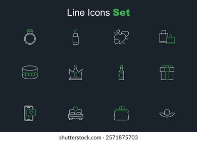 Set line Elegant women hat, Handbag, Bedroom, Mobile with heart, Gift box, Champagne bottle, King crown and  icon. Vector