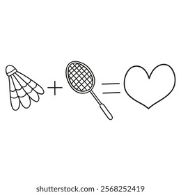 Set of line elements for badminton. Racket plus shuttlecock equals love heart. Love for sports. Icon,element,symbol,logo isolated on white background. Hand drawn vector illustration.