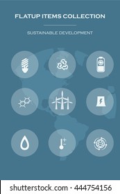 Set of line elements: sustainable development. Environmental concept providing the natural resources and ecosystem services. Vector illustration.