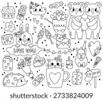 Set line elements for Valentines day. Cute koala, rabbit, hedgehog, cat and llama.