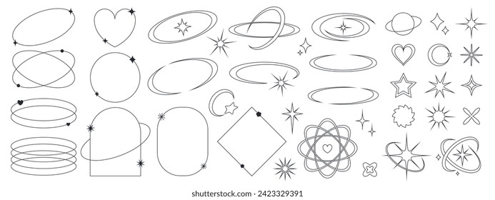 Conjunto de elementos de línea en estilo y2k. Formas geométricas, marcos lineales con estrellas. Ilustración vectorial para medios sociales, carteles, diseño de afiches.