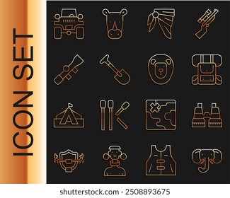 Set line Elefante, Binoculares, Mochila de senderismo, Bandana o bufanda de motorista, Pala, mira óptica de francotirador, Off road e icono de león salvaje. Vector