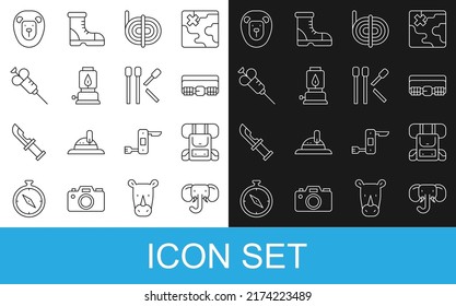 Set line Elephant, Hiking backpack, Hunting cartridge belt, Climber rope, Camping lantern, Syringe, Wild lion and Matches icon. Vector