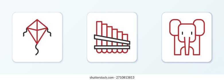 Set line Elephant, Kite and Pan flute icon. Vector