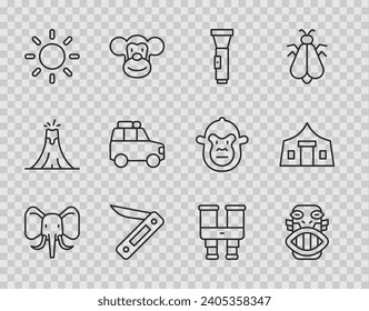 Set line Elephant, Mexican mayan or aztec mask, Flashlight, Swiss army knife, Sun, Car, Binoculars and Tourist tent icon. Vector