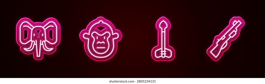 Set line Elephant, Monkey, Arrow and Hunting gun. Glowing neon icon. Vector