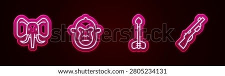 Set line Elephant, Monkey, Arrow and Hunting gun. Glowing neon icon. Vector