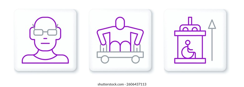 Set line Elevator for disabled, Poor eyesight and Man without legs sitting wheelchair icon. Vector