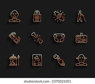 Set line Elevator for disabled, X-ray shots, Head of deaf and dumb, Prosthesis hand, Deaf, Human broken bone, Identification badge and Adult diaper icon. Vector