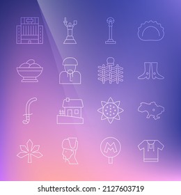 Set Linie besticktes Hemd, Karte der Ukraine, ukrainische Schuhe, Monument Independence, Cossack, Varenyky Schüssel, Hotel Ukraina Gebäude und Wicker Zaun Symbol. Vektorgrafik