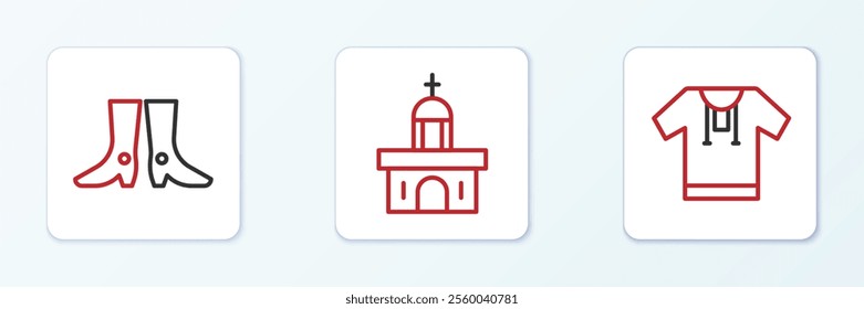 Set line Embroidered shirt, Ukrainian footwear and Church building icon. Vector