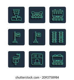 Set line Emergency brake, Ticket office to buy tickets, Coal train wagon, Passenger cars, Cafe and restaurant location, Train conductor and Railway, railroad track icon. Vector