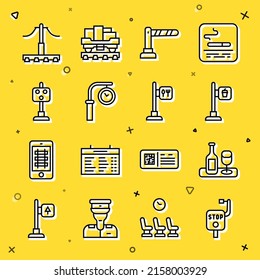 Set line Emergency brake, Wine bottle with glass, Cafe and restaurant location, Railway barrier, Train station clock, traffic light,  and  icon. Vector