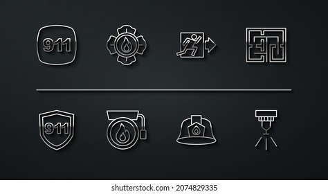Set line Emergency call 911, Evacuation plan, Firefighter helmet, Ringing alarm bell, sprinkler system and exit icon. Vector
