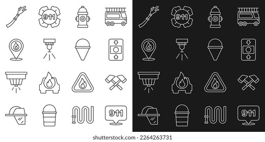 Set line Emergency call 911, Firefighter axe, alarm system, hydrant, sprinkler, Location with fire flame, hose reel and cone bucket icon. Vector