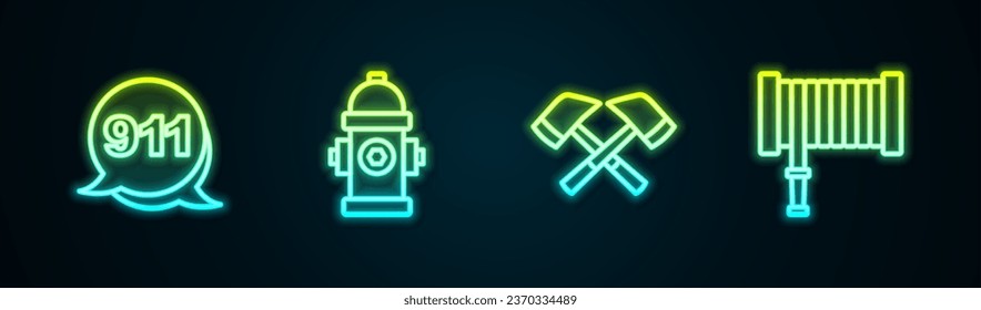Ajuste la línea Llamada de emergencia 911, Hidratante de incendios, hacha de bomberos y carrete de mangueras. Icono de neón brillante. Vector
