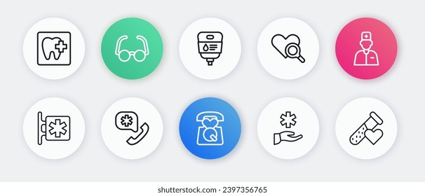 Set line Emergency call 911, Male doctor, - Star of Life, Cross hospital medical, Medical heart inspection, IV bag, Test tube with blood and  icon. Vector