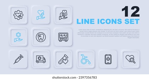 Set line Emergency call 911, Medical heart inspection, Tooth with caries, Wheelchair for disabled person, Cross hospital medical, Ambulance, Heart cross and Test tube blood icon. Vector