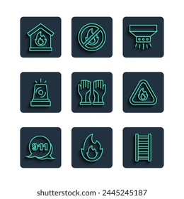 Set line Emergency call 911, Fire flame, escape, sprinkler system, Firefighter gloves, Flasher siren, burning house and triangle icon. Vector