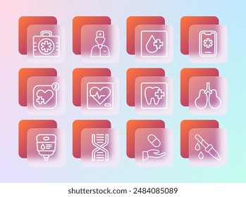 Línea fija Llamada de emergencia al 911, símbolo de ADN, ubicación de la clínica dental, prescripción médica, frecuencia cardíaca, análisis de sangre, botiquín de primeros auxilios e ícono de médico masculino. Vector