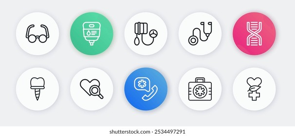 Llamada de emergencia 911, símbolo de ADN, implante dental, kit de primeros auxilios, estetoscopio, presión arterial, etnociencia e icono de inspección médica del corazón. Vector